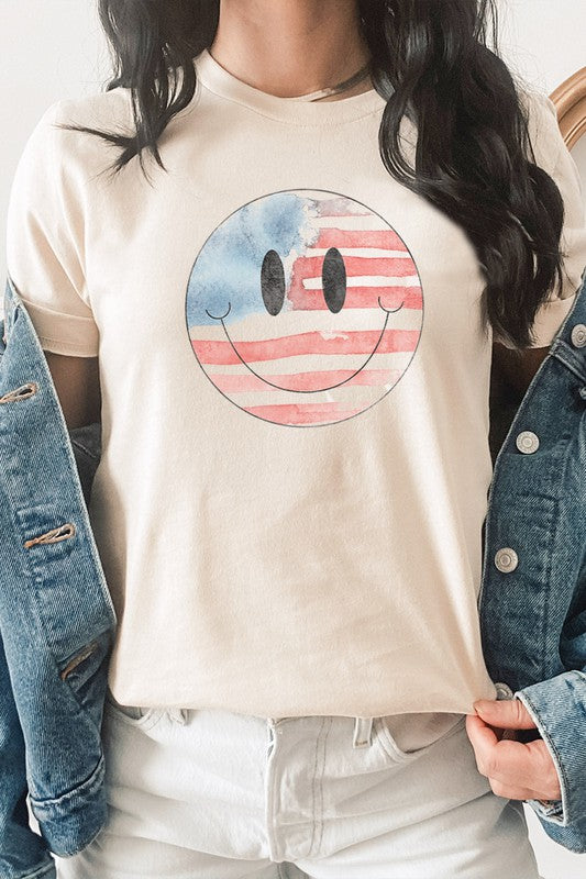 Watercolor American Flag Smiley Face Graphic Tee