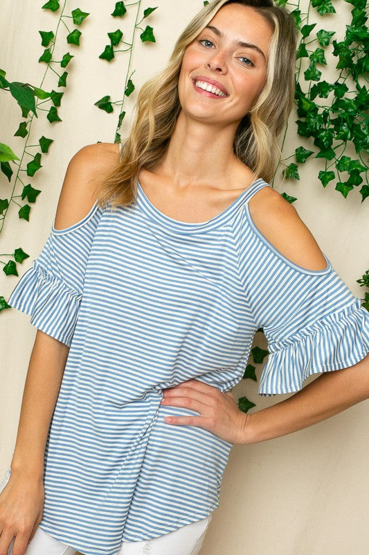 PIN STRIPE COLD SHOULDER RUFFLE TOP