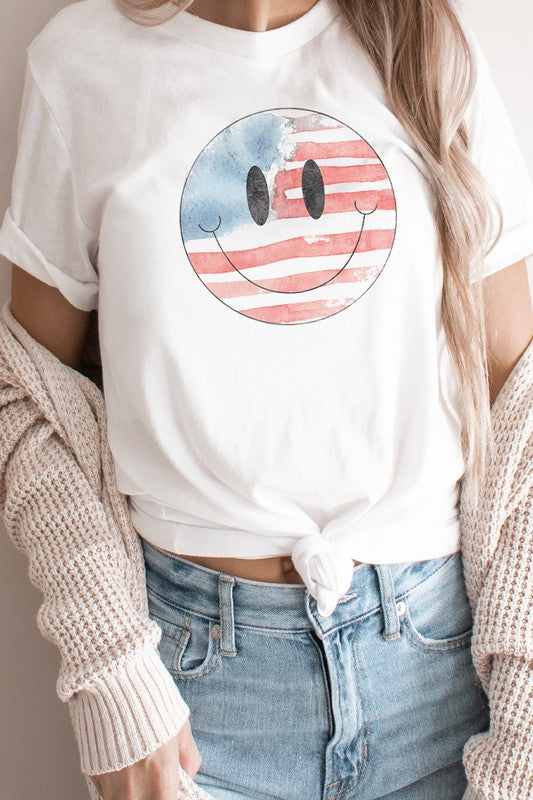 Watercolor American Flag Smiley Face Graphic Tee