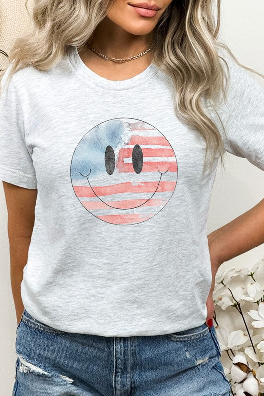 Watercolor American Flag Smiley Face Graphic Tee
